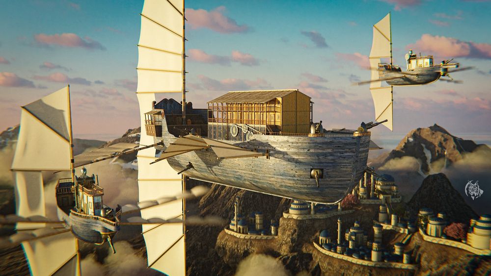 3d render showing 3 steampunk flying ships, a large one in the center flanked by 2 smaller ones, above a city built on a mountain cliff
