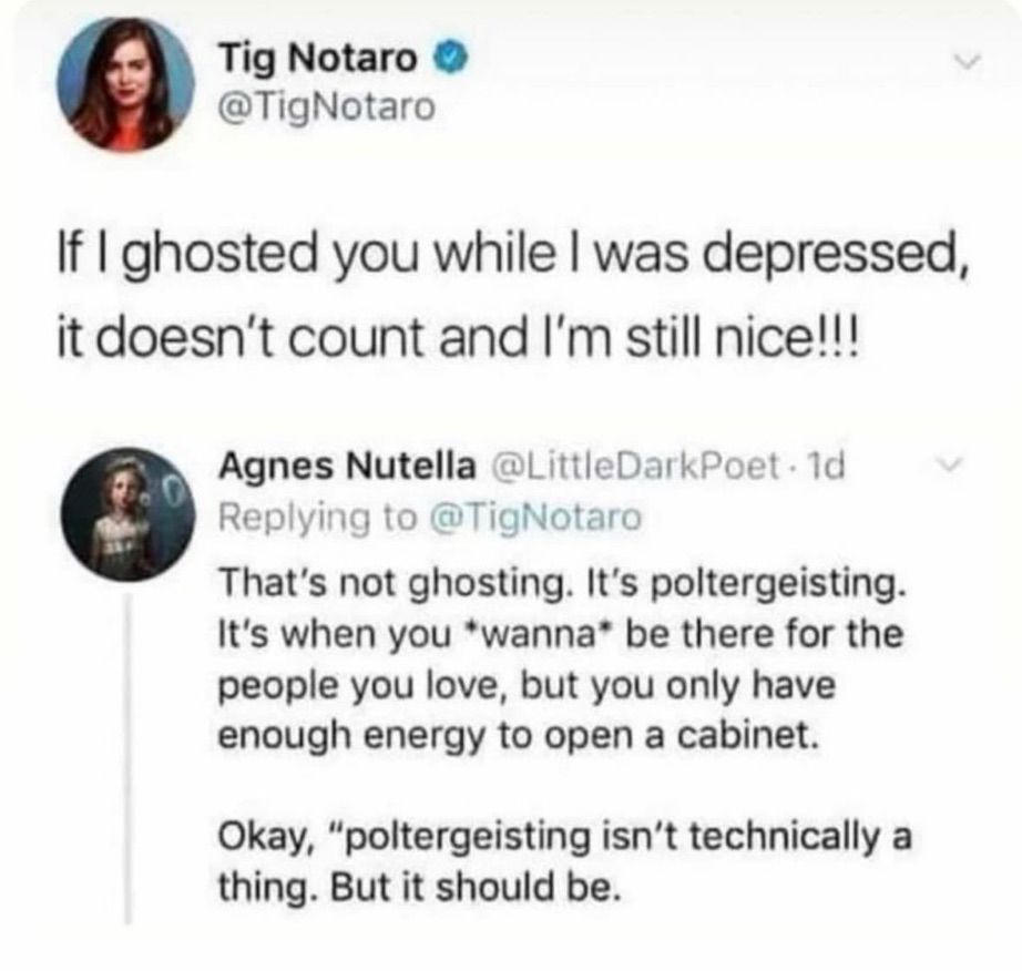 „If I ghosted you while I was depressed, it doesn't count and I'm still nice!!!“


„That's not ghosting. It's poltergeisting.
It's when you *wanna be there for the people you love, but you only have enough energy to open a cabinet.
Okay, "poltergeisting isn't technically a thing. But it should be.“