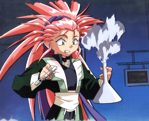 A screencap of Washu from the anime series Tenchi Muyo. She has a beaker in her right hand and a flask in her left. The contents of the flask are caught in mid-explosion as a plume of white smoke billows out from the top. Washu stares at the flask anxiously. 