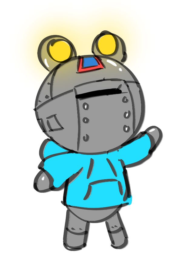 A robot frog wearing a blue hoodie