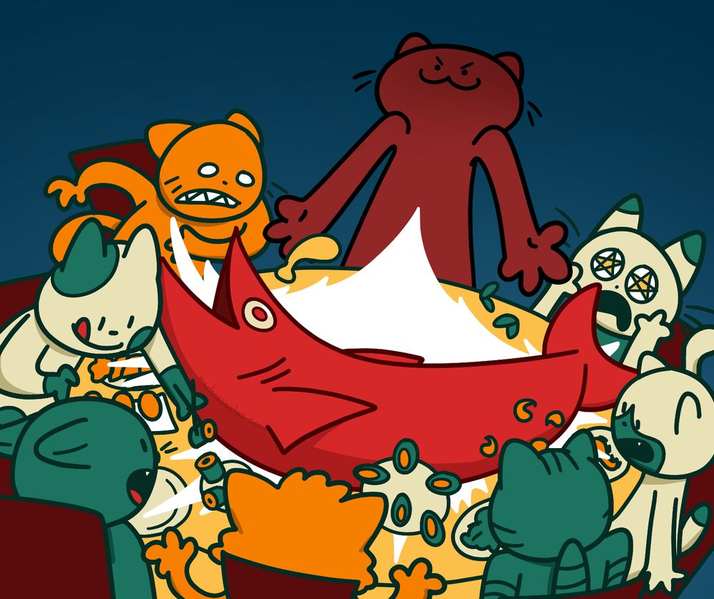 A group of anthropomorphic cats sitting at a round table, all eating different kinds of seafood. One cat then drops a massive, red fish onto the table, and everyone else is shocked and or amazed.
