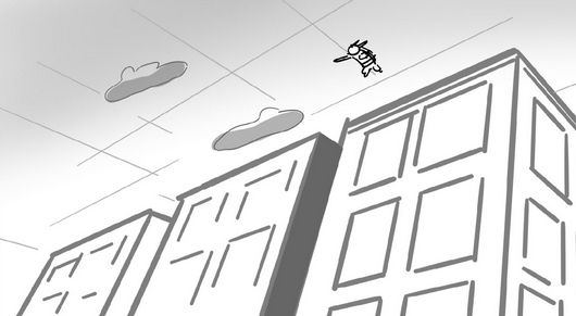 Storyboard panel. Cat jumps off really high building.
