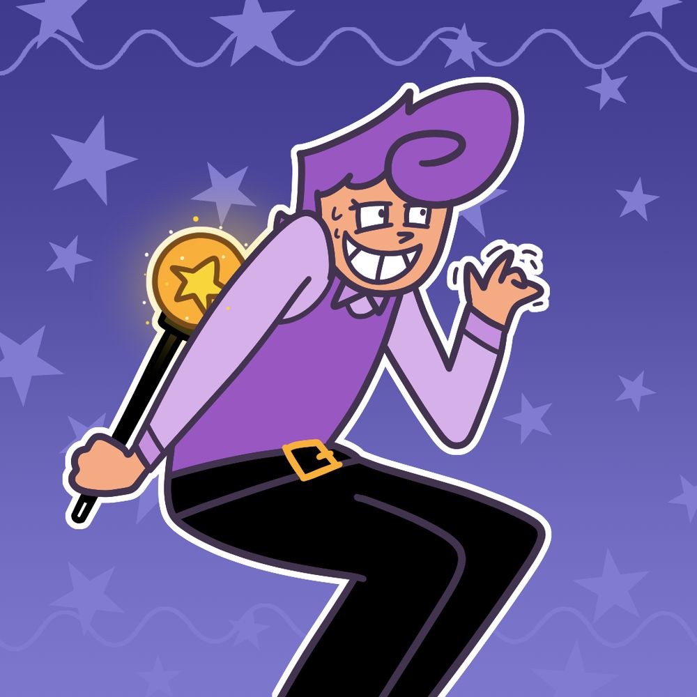 Peri disguised as a human (he's now wearing a purple sweater vest over his purple button-up). He's nervously waving to someone off screen as he hides his wand behind his back