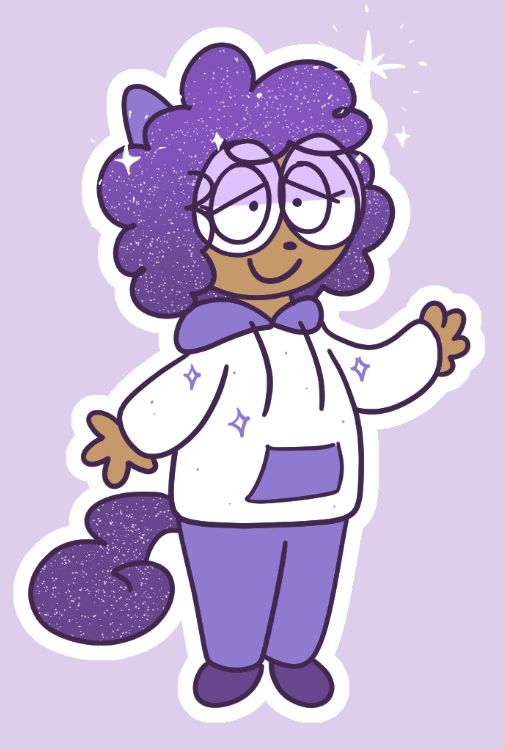 Person with medium brown skin. She has fluffy, curly, sparkly, purple hair on her head and an animal tail with the same properties. She is wearing a white hoodie with a purple hood and purple front pocket. The hoodie also has some purple sparkles. Her pants and shoes are also purple. She is wearing big, round glasses and has a little button animal nose on her face.