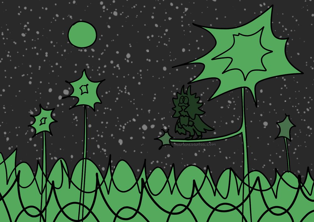 A trippy, nighttime forest scene where everything is made of abstract, spiky shapes. A fluffy, bird-like creature sits on a branch of a tall and slender tree.