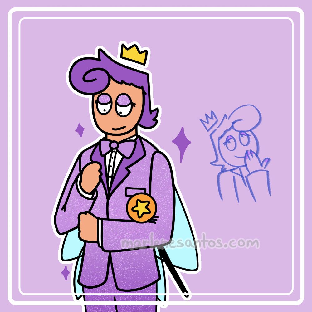 Peri wearing a purple, sparkly suit! A sketch next to this has him with purple nail polish