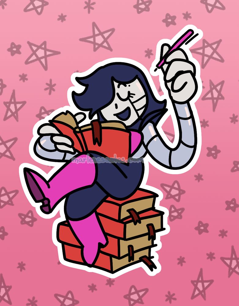 Mettaton from Undertale writing in one of his many diaries while sitting on a stack of more diaries.