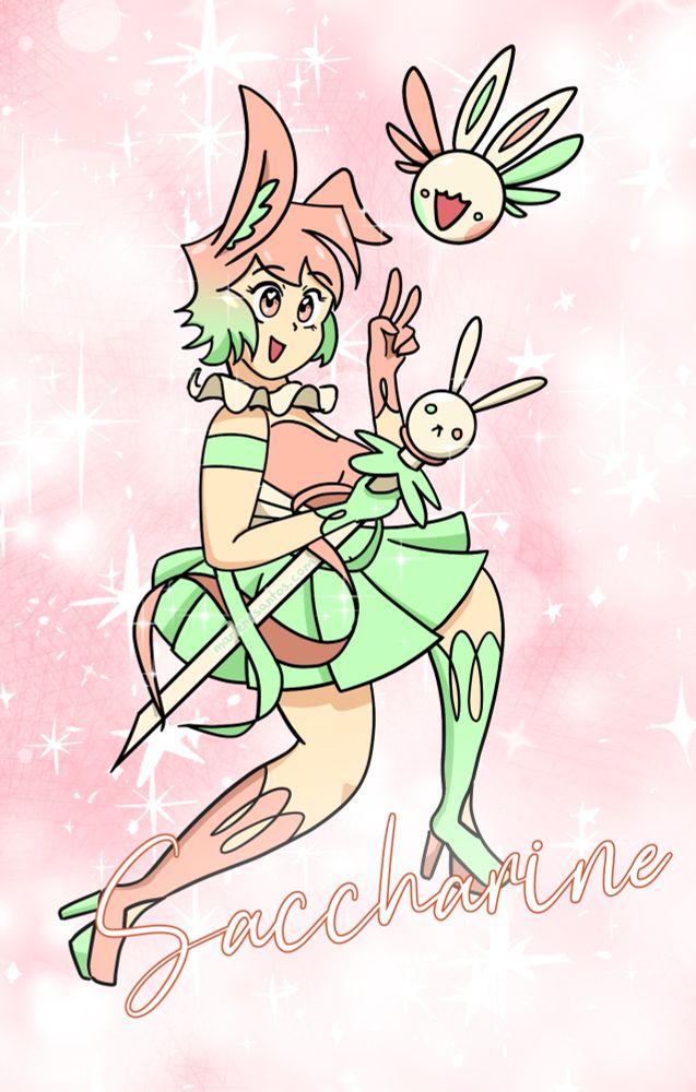 Drawing of a rabbit themed magical girl with a rabbit-like mascot. Written below her in cursive is the name "Saccharine"