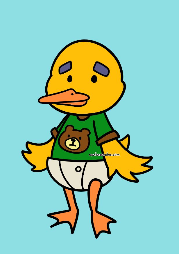 Yellow duckling wearing a diaper(?) and a green tshirt with a bear on it