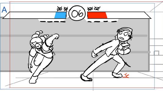 Storyboard panel. Two people are fighting in a store. There's a fighting game UI