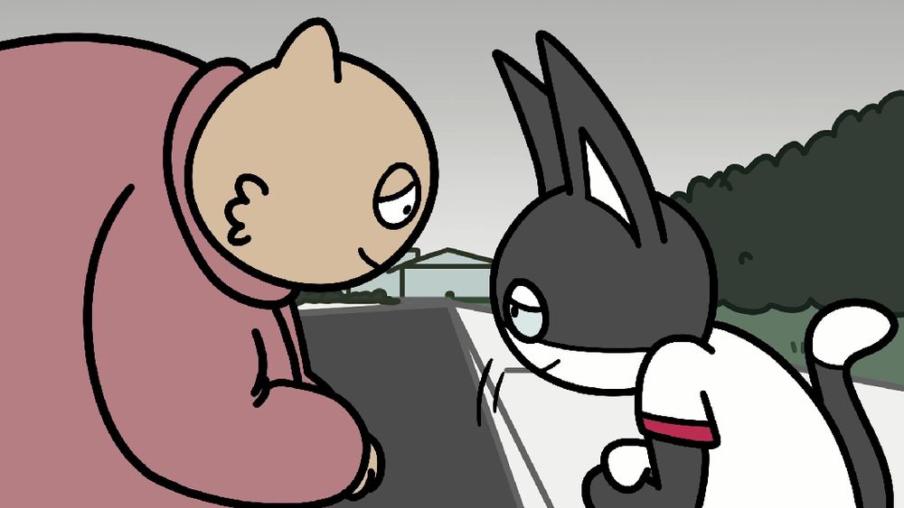 Animated film still. Two anthro cats are having a conversation on a sidewalk curb.