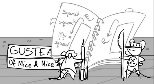 Storyboard panel. A mouse scientist looks at a large notebook while a  mouse stands guard next to it.