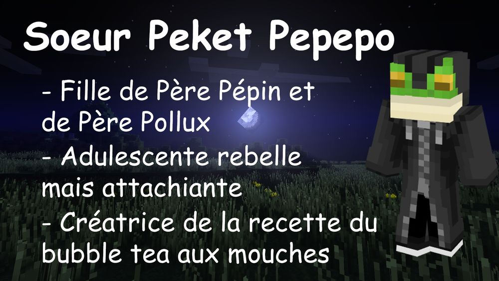 Visuel d'annonce du personnage Soeur Peket Pepepo, avec son skin minecraft qui présente une grenouille avec des vêtements sombres et mystérieux
"- Fille de Père Pépon et de Père Pollux
- Adulescente rebelle mais attachiante
- Créatrice de la recette du bubble tea aux mouches"