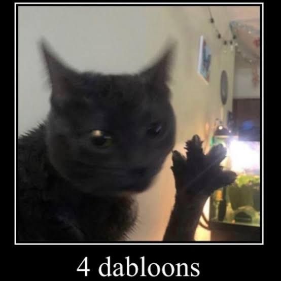 blurry photo of a cat holding up its paw separating its four fingers apart, with the caption "4 dabloons".