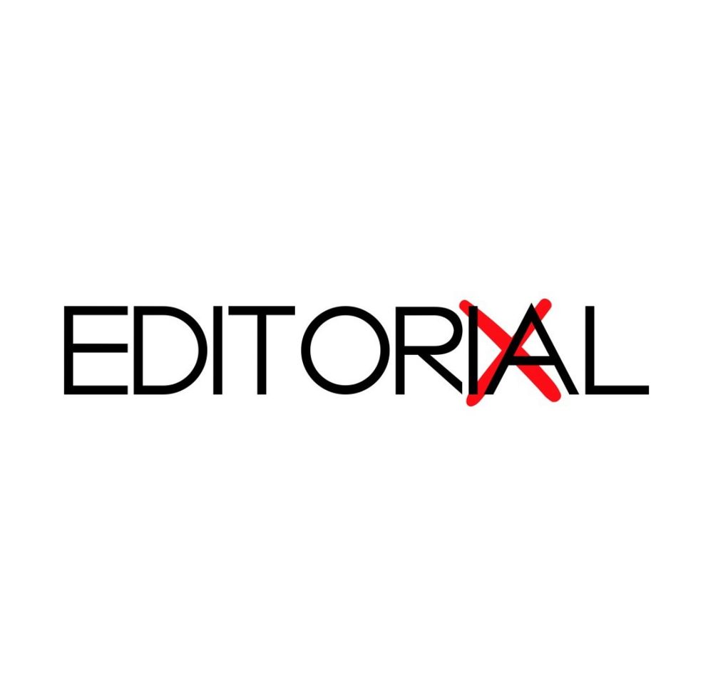 La imagen es un recuadro blanco con la palabra editorial en letras negras escrita en el centro. Las letras IA del final de la palabra están tachadas con un aspa roja.