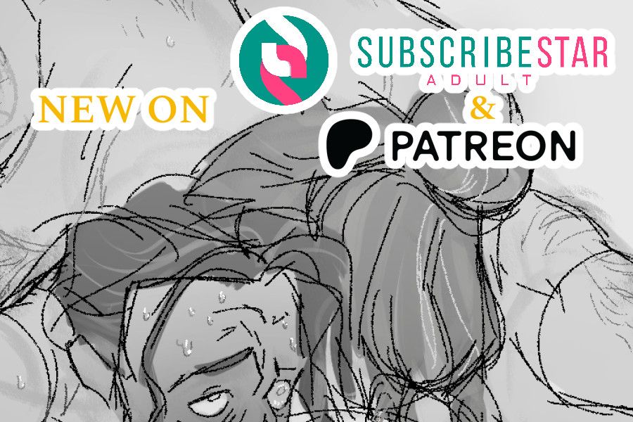 close crop of alt timeline silco sweating with vander draped over him. text: NEW ON SUBSCRIBESTAR ADULT & PATREON