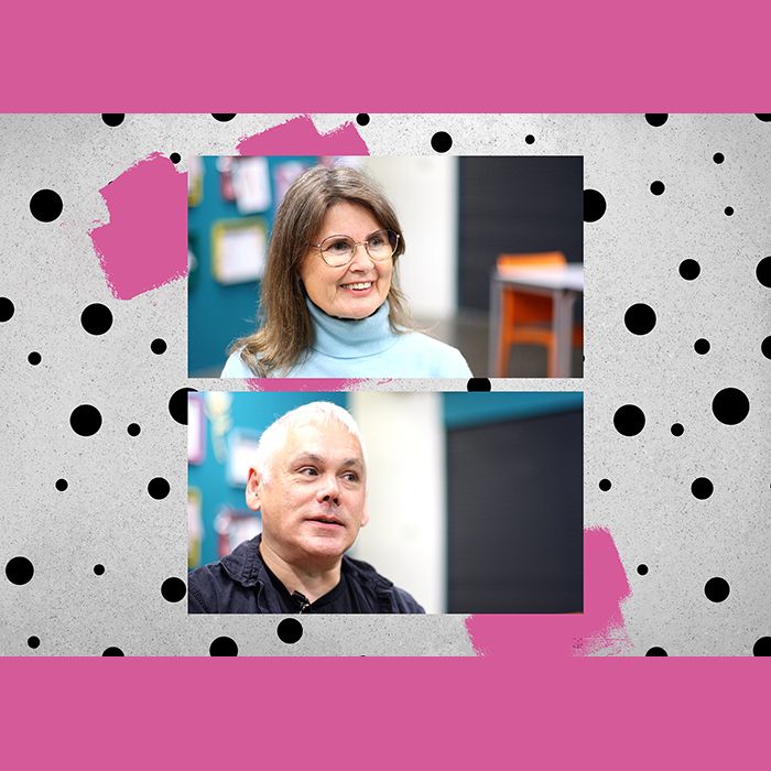 Screenshots of Doctor Who companion actors Sophie Aldred and Matthew Waterhouse, taken from the VAM for Happiness Patrol: Unhappily Ever After 