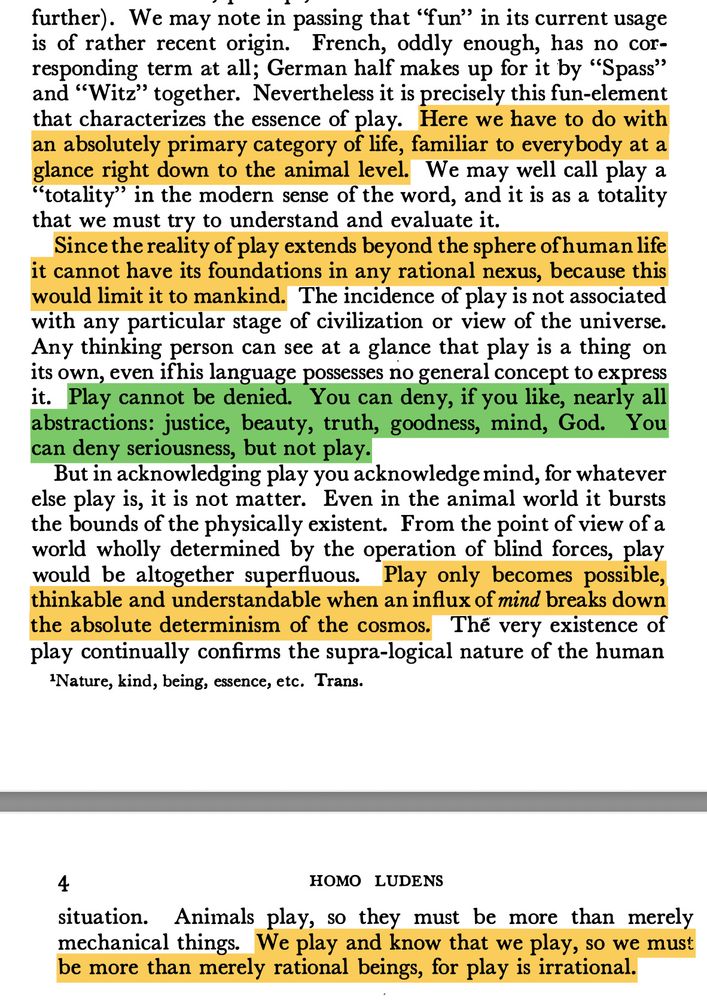 A screenshot of part of the opening of Johan Huizinga's book "Homo Ludens" with many sections highlighted, talking about the irrationality of play.