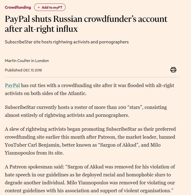 Screenshot of an FT article  - paypal shuts Russian crowdfunder's account after alt-right influx.