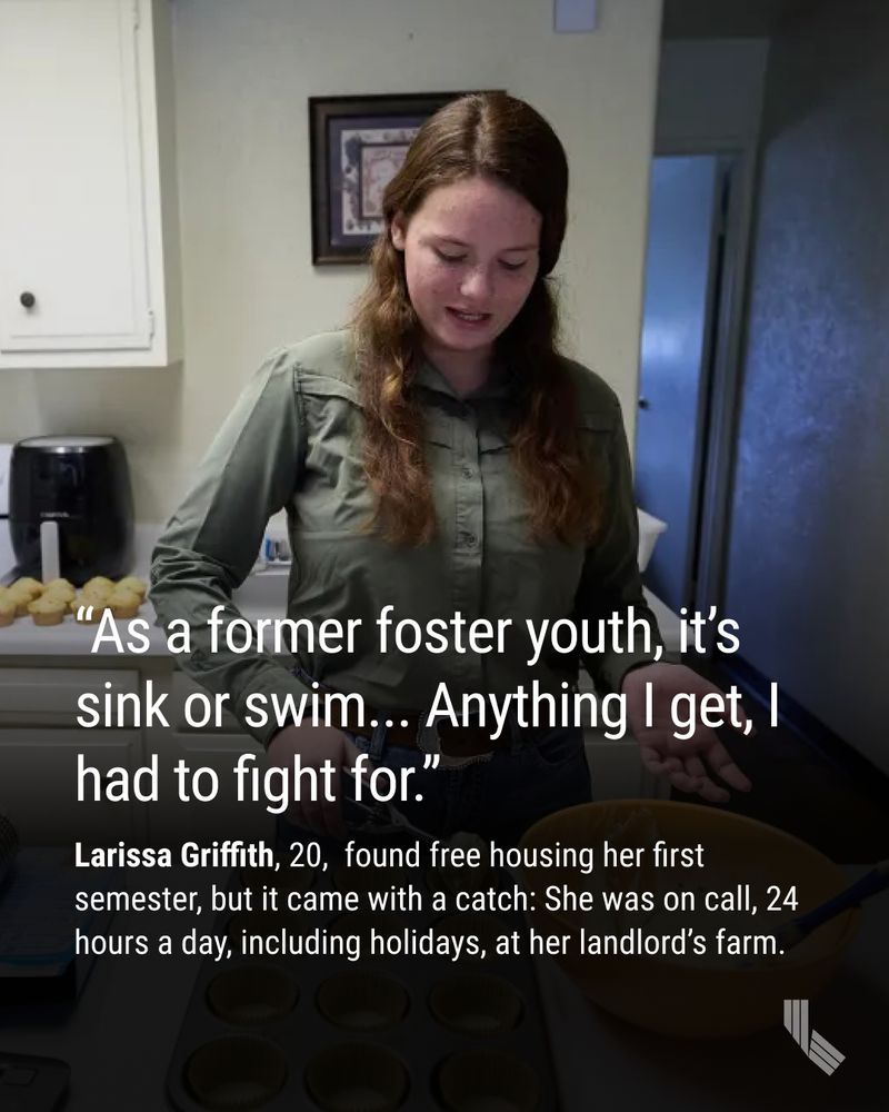 Student Larissa Griffith pulls cupcakes out of the oven in the kitchen of her dorm at Feather River College, a community college located in Quincy, on Feb. 12, 2025. Photo by Fred Greaves for CalMatters

“As a former foster youth, it’s sink or swim... Anything I get, I had to fight for.” 
Larissa Griffith, 20,  found free housing her first semester, but it came with a catch: She was on call, 24 hours a day, including holidays, at her landlord’s farm. 
