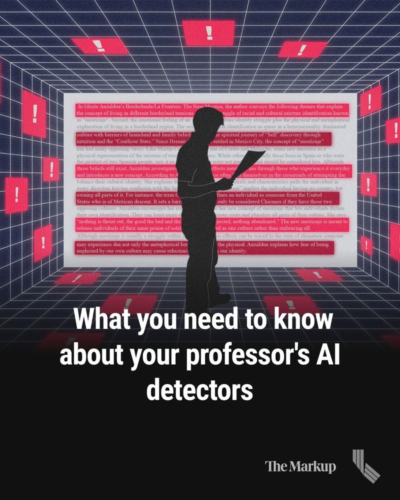 Alt text: An illustration in pink and dark purple tones that shows the silhouette of a student holding a piece of paper as they stand in the middle of a cyberspace grid. A white paper with highlighted text can be seen in the background behind the student as pink boxes with exclamation points float around.
Hed: What you need to know about your professor's AI detectors