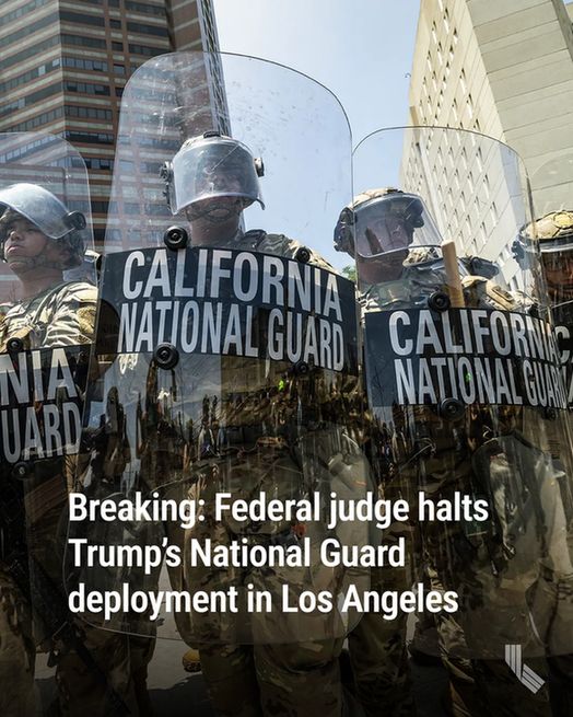 California National Guard soldiers stand with shields outside the Federal Detention Center in downtown Los Angeles, on June 8, 2025. Photo by Ted Soqui for CalMatters

Hed: Breaking: Federal judge halts Trump’s National Guard deployment in Los Angeles
