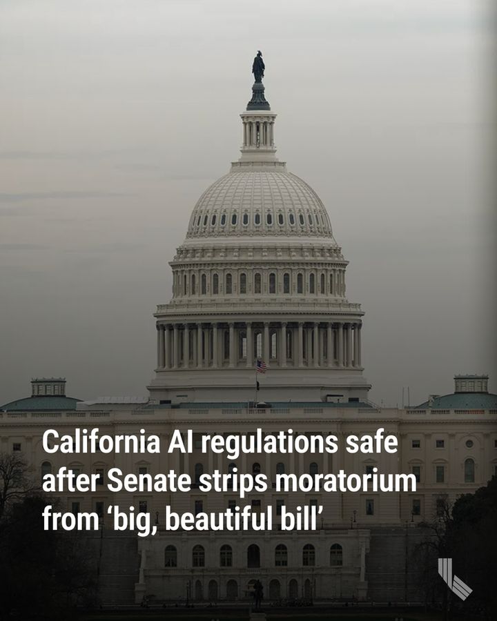 A view of the U.S. Capitol in Washington, D.C., on March 15, 2024. Photo by Graeme Sloan, Sipa USA via Reuters

Hed: California AI regulations safe after Senate strips moratorium from ‘big, beautiful bill’