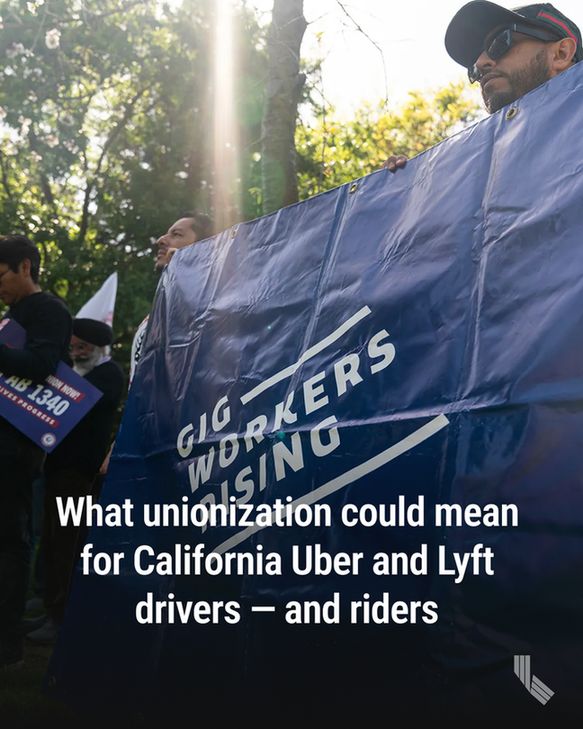 Supporters gather at a rally at the state Capitol in Sacramento, announcing new legislation allowing ride-hail drivers to unionize, on April 8, 2025. Photo by Louis Bryant III for CalMatters

Hed: What unionization could mean for California Uber and Lyft drivers — and riders
