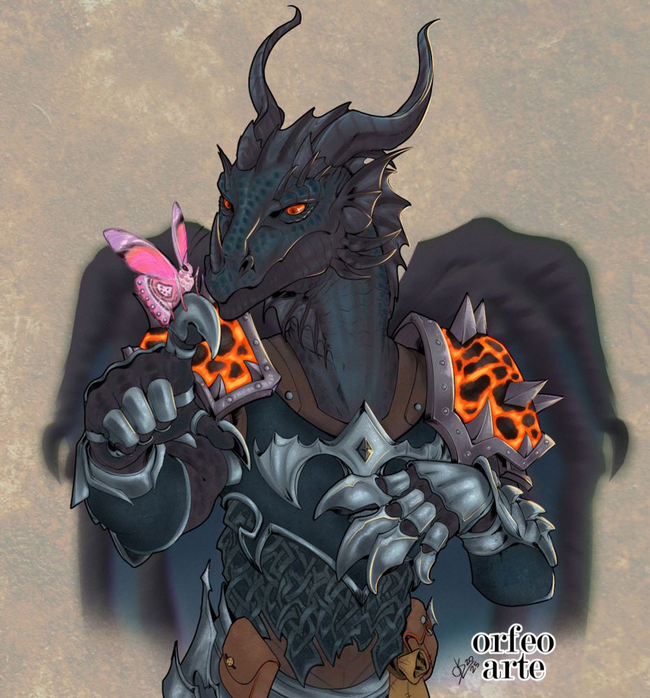 digital art of a black-scaled anthro dragon holding a pink butterfly on its claw