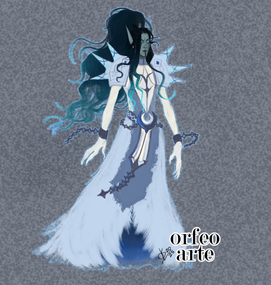 a digital character design of a world of warcraft banshee OC wearing a light blue and white gown, adorned in chains, framed by their dark teal hair.