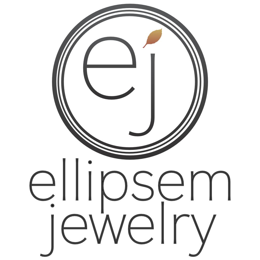 logo for Ellipsem Jewelry, a studio whose designs are light, elegant, and naturalistic. the logo has thin even lettering, a multi-line circular border, a prominent "ej," and an orange leaf dot for the j