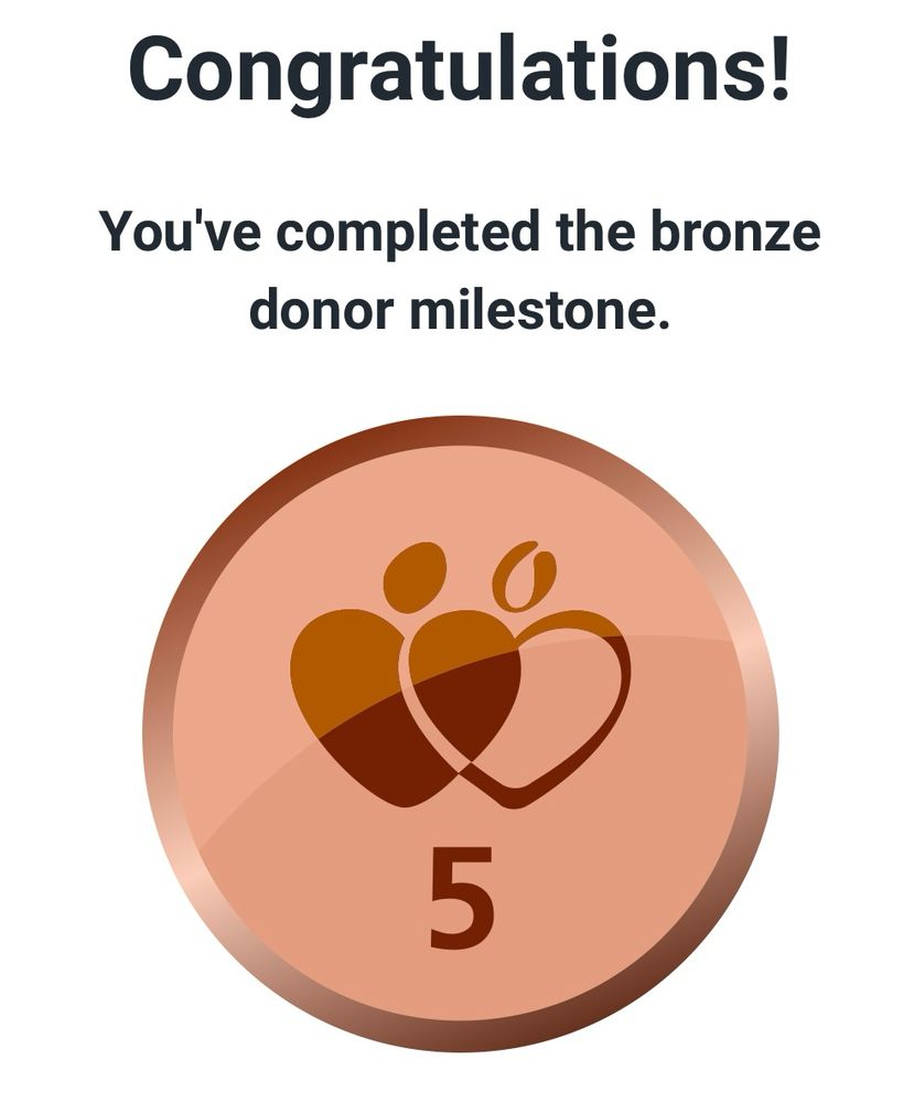 A blood donation milestone sticker with a bronze 5 on it. The text reads: Congratulations!
You've completed the bronze donor milestone.
