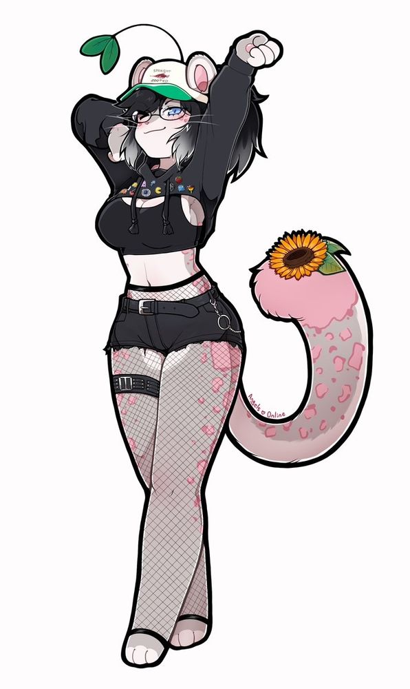 me drawn by Angels_Online

A pink spotted snow leopard in a crop top, sports bra, black daisy dukes and a thigh belt and fishnet stockings is stretching

It's wearing a green cap and has a sprout coming out of its head and a sunflower on its pink tail.