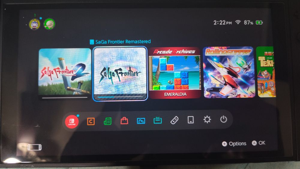 Switch 2 menu with SaGa Frontier Remaster 1 & 2 along with Arcade Archives Emeraldia, Rolling Gunner and Teki Paki