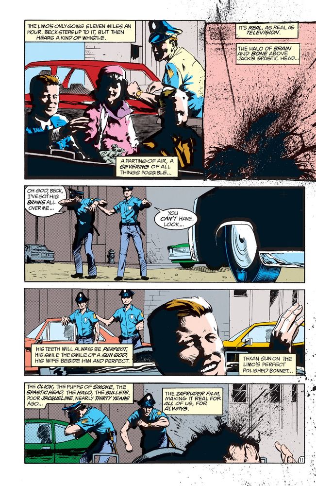 Shade the Changing Man issue #2 talking about JFK being shot in his limousine