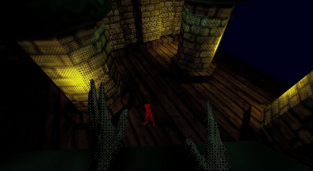 Screenshot of a first person game, with a character in a dark room. Image is stylized with a dithering effect.