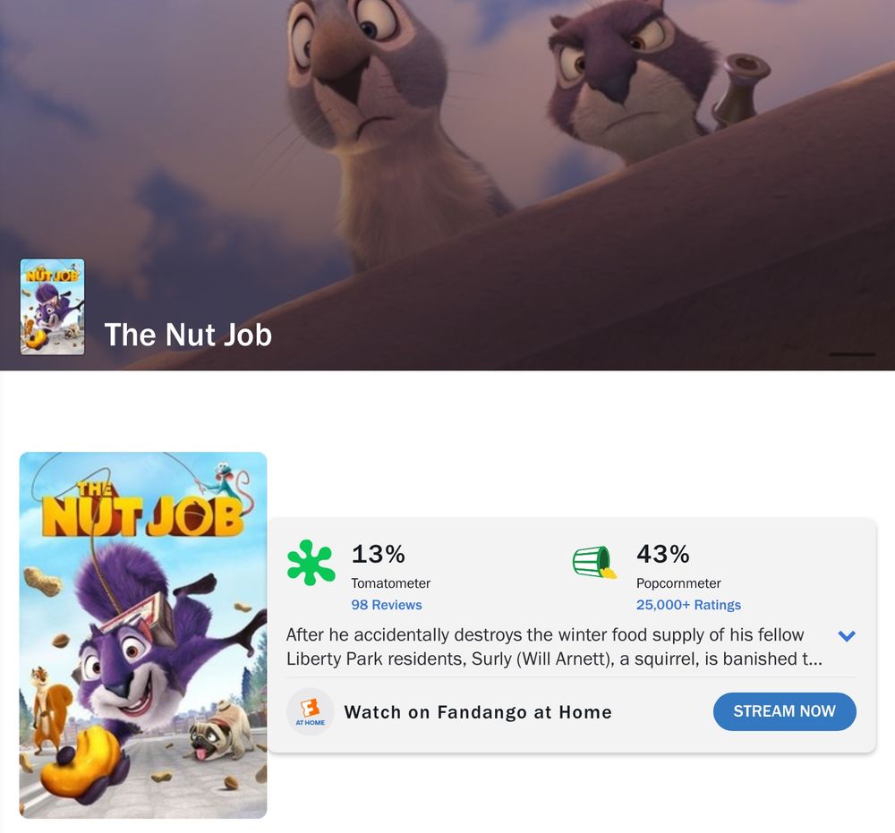 The nut job (2014) with a 13% critics score and 43% fan score on rotten tomatoes