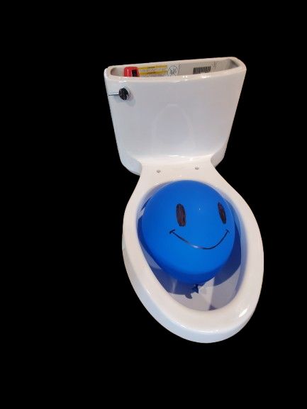 A png of a blue balloon with a sharpied-on smiley face inside a toilet