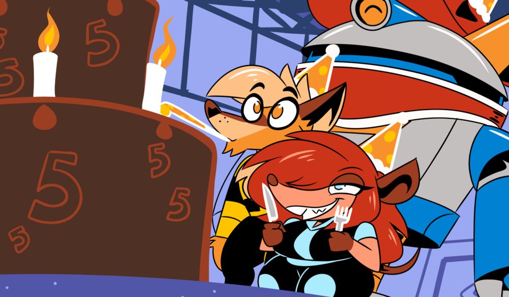 Kyra, J'ion, and Edyline standing in front of a giant cake, marking 5 years of Tails from Planet Symma~

Click the link to view the full image
