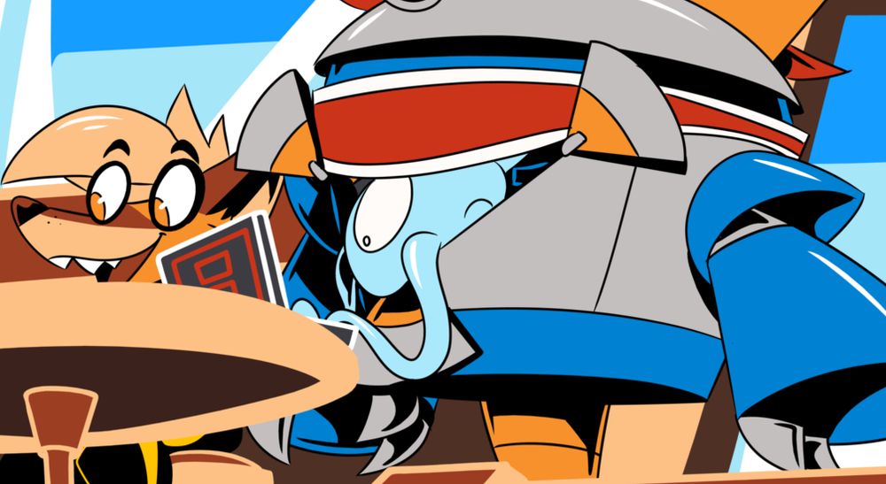 Ed typing away on her laptop, while J'ion also sits at the cafe table talking to someone off camera

Click the link to view the full image