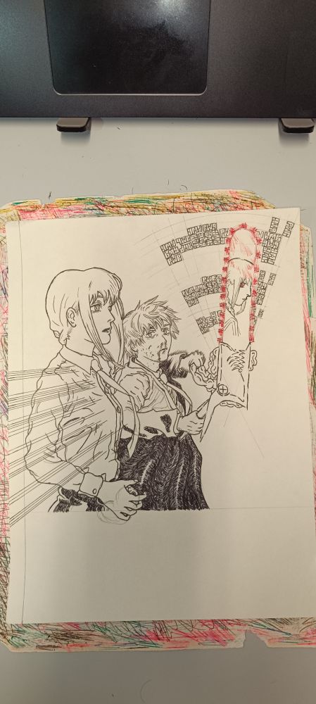 Inked version of most of the sketch.
Everything is in black and white but the saw of the chainsaw is red