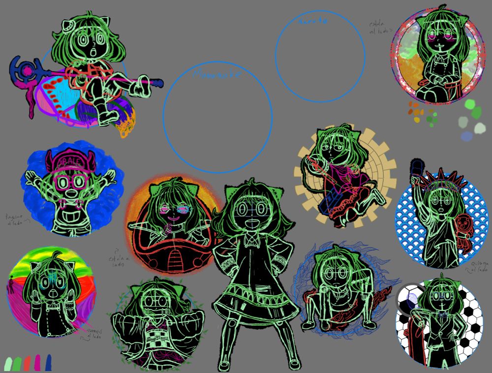 A draft of multiple Anyas from Spy x Family, in the middle of the screen is the normal Anya, around of her there are anyas looking like other character from different animes, they are all inpired by Statues from different brands.
On the left of the drawing there are anyas looking like Frieren, Arale, Freezer, Nezuko and one imiting the painting the Scream.
On the right of the drawing there are anyas looking like luffy gear 2, Detective Conan and one imitating the statue of liberty and another imitating the Mona Lisa. On the rigth one anya imitating Naruto kurama chakra mode is missing and one Anya imitating princess mononoke is missing abive the original anya