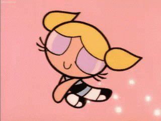 A meme of Bubbles from the Powerpuff Girls floating around happily with her eyes closed. There’s a trail of sparkles floating behind her.