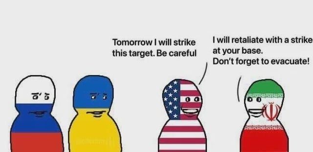 USA: Tomorrow I will strike this target. Be careful.
Iran: I will retaliate with a strike at your base. Don't forget to evacuate! 
Russia and Ukraine staring with concerned faces.