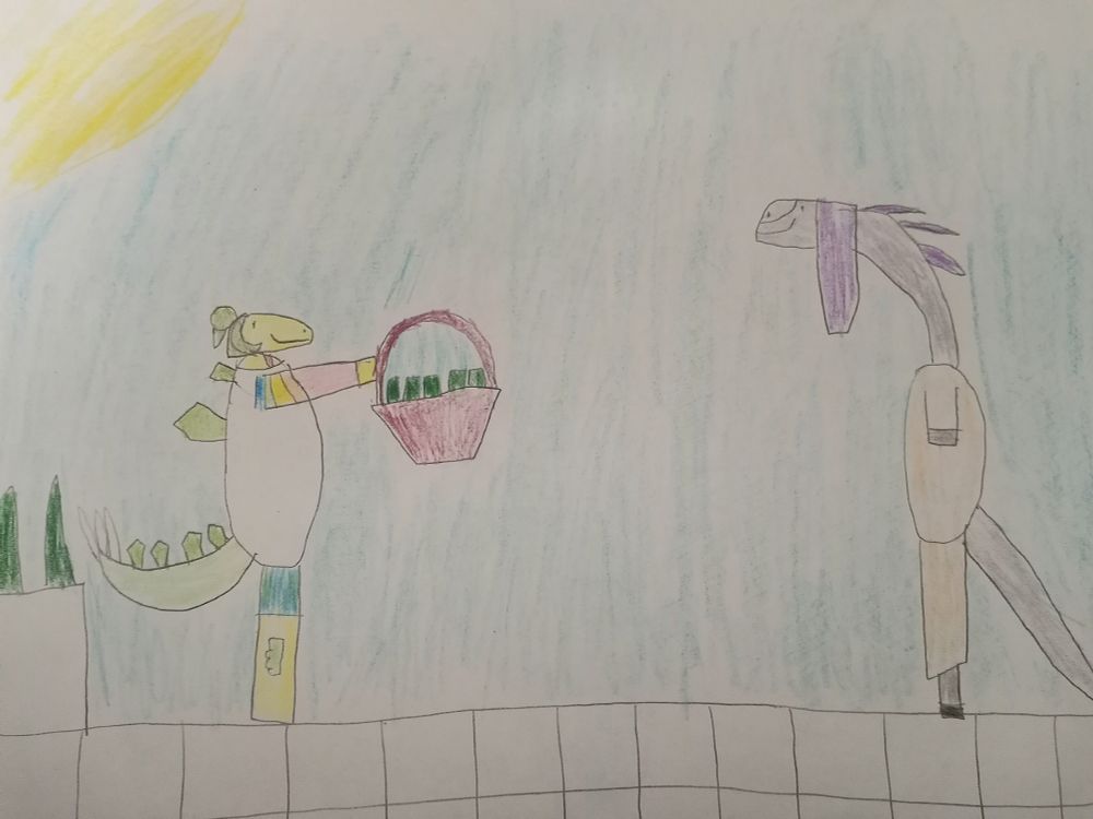 Stella handing a vegetable baskets to her sauropod friends mentioned in KO_OP's discord tarot cards