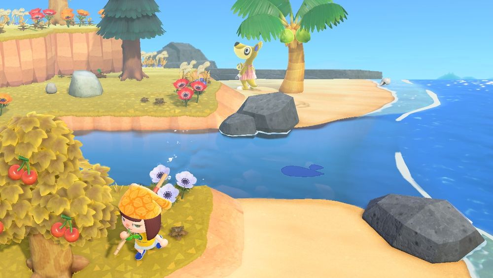 my animal crossing new horizons character on an island running away from a kangaroo villager