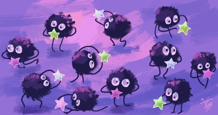 art of soot sprites from the movie "spirited away" with a purple background