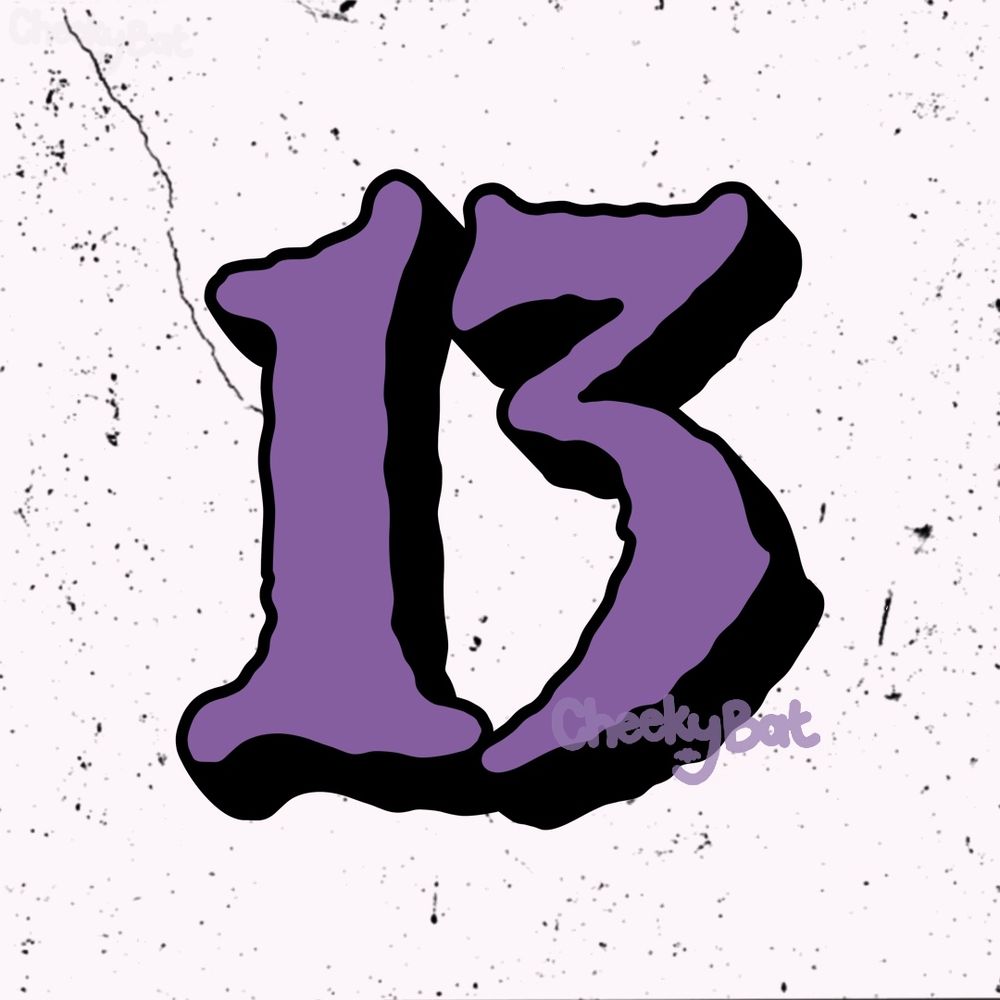 A spooky drawn purple number 13 on a white background with some dust sprinkled in black. 