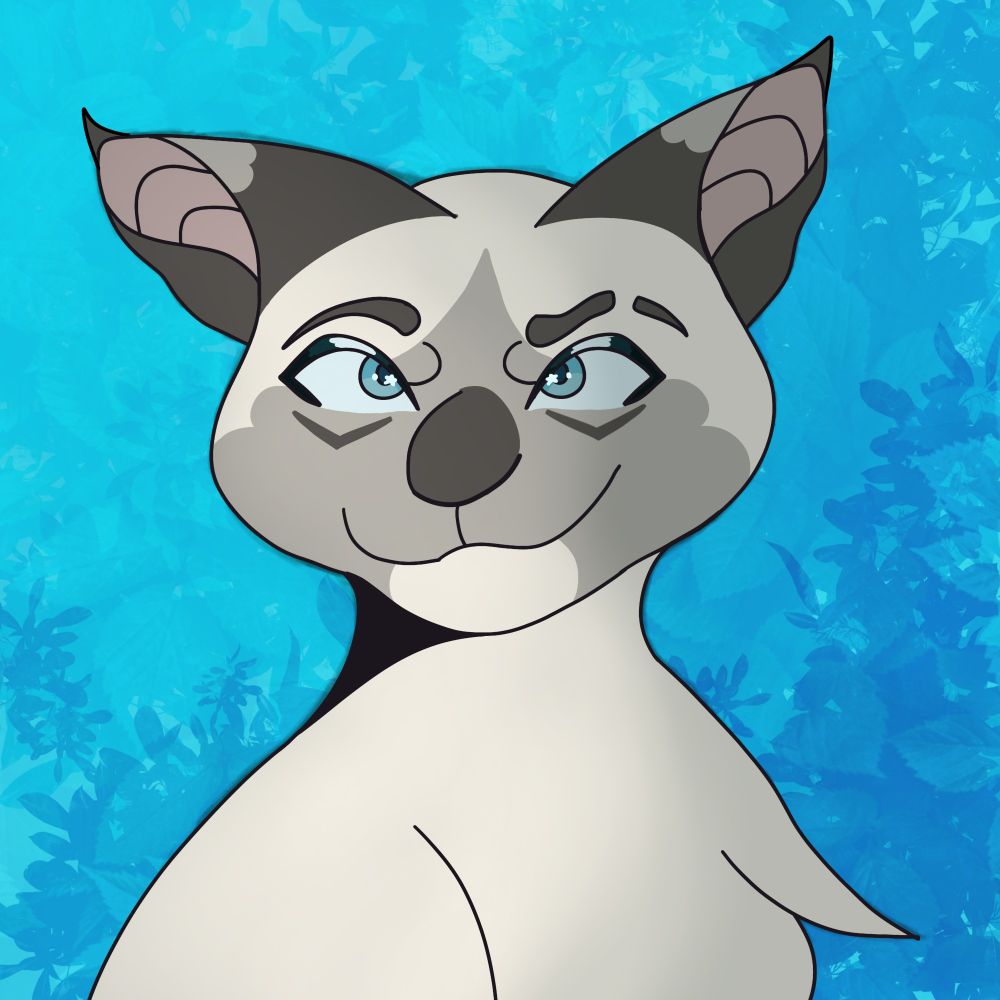 Picture is of an OC named Nimblecloud. Nimblecloud is a lean white and grey siamese cat with blue eyes.