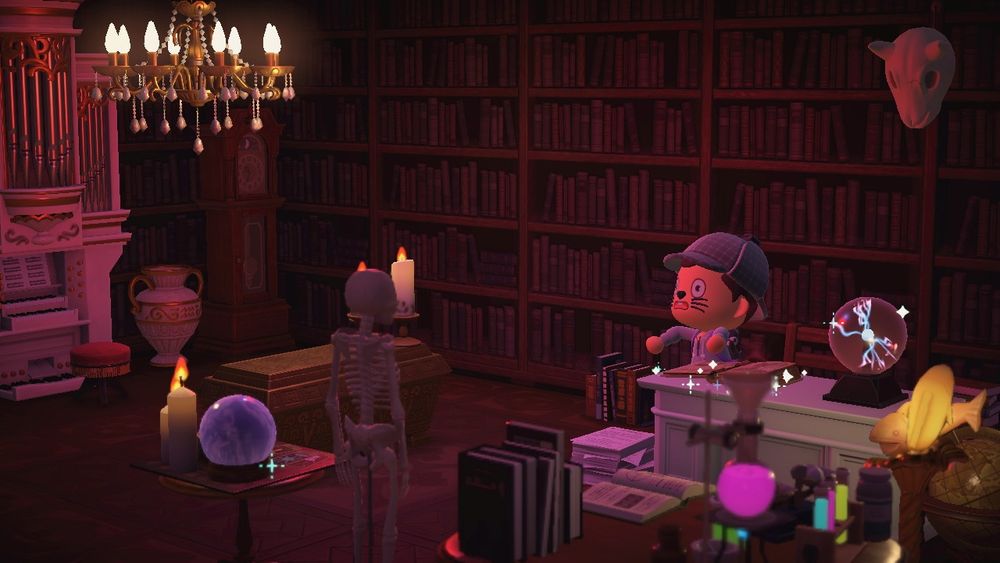 Animal Crossing New Horizons resident in a spooky library 